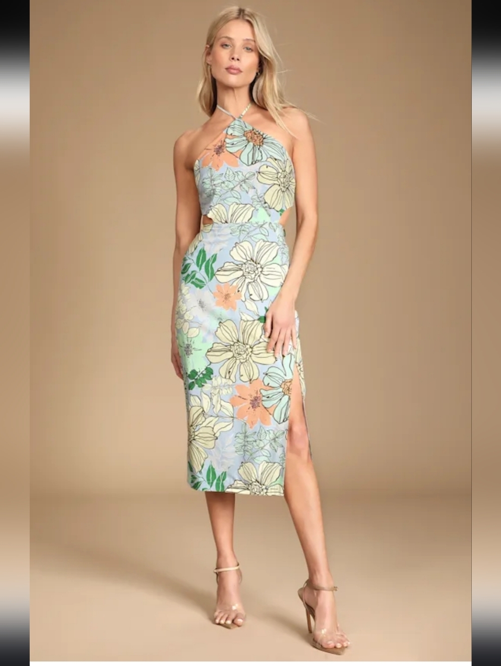 Lulus Tropical You Mine Blue Floral Print Halter Tie-Back Midi Dress